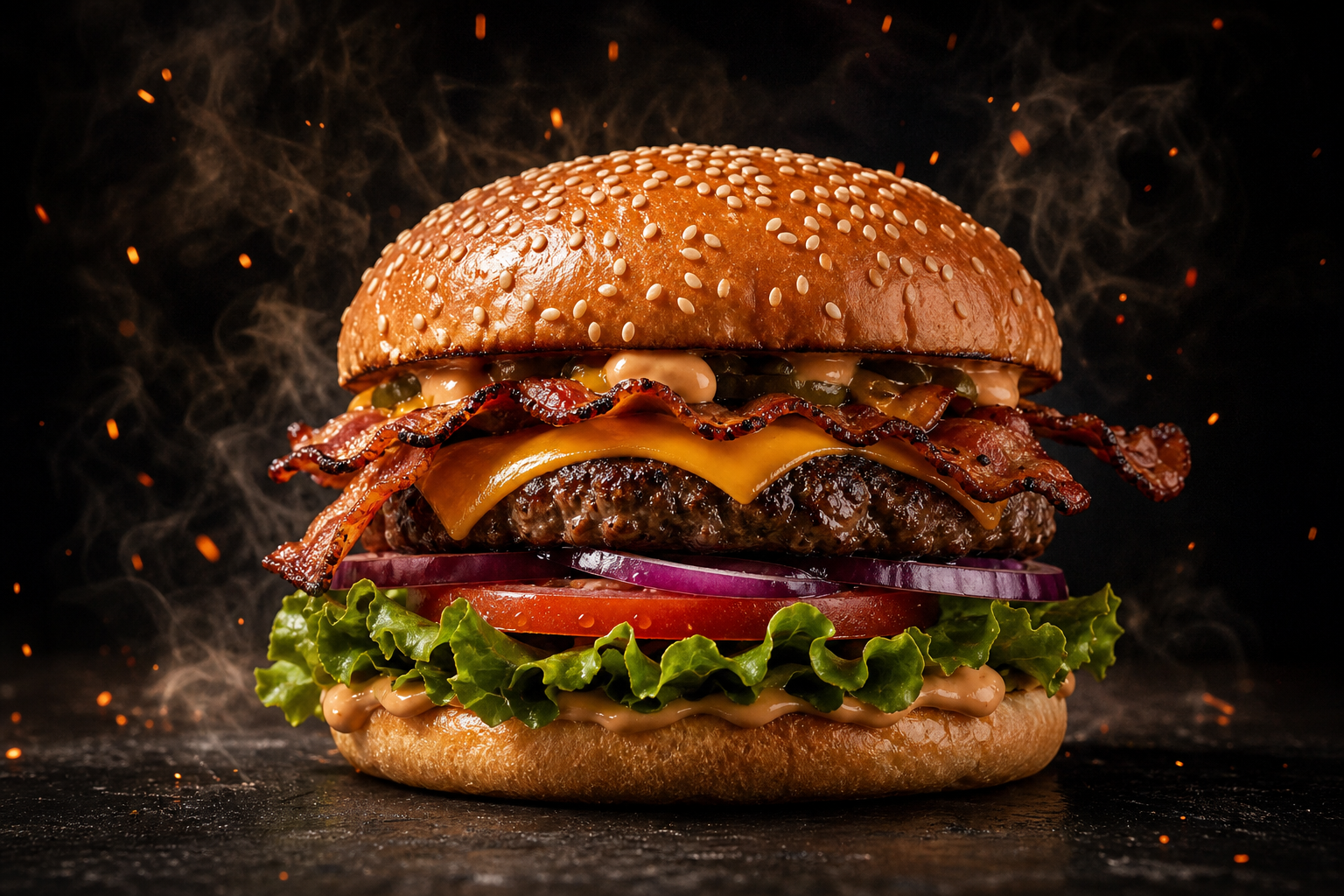 Classic beef burger with cheddar, bacon, tomato, onion, and lettuce
