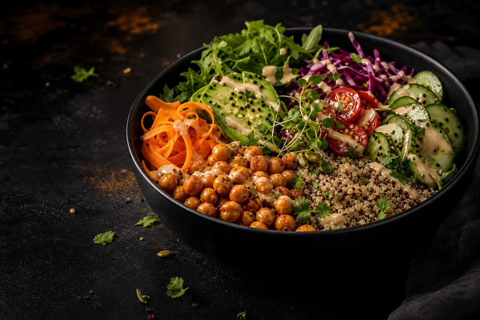 Plant-based burrito bowl with vegan chunks, beans, avocado, greens, and vegetables