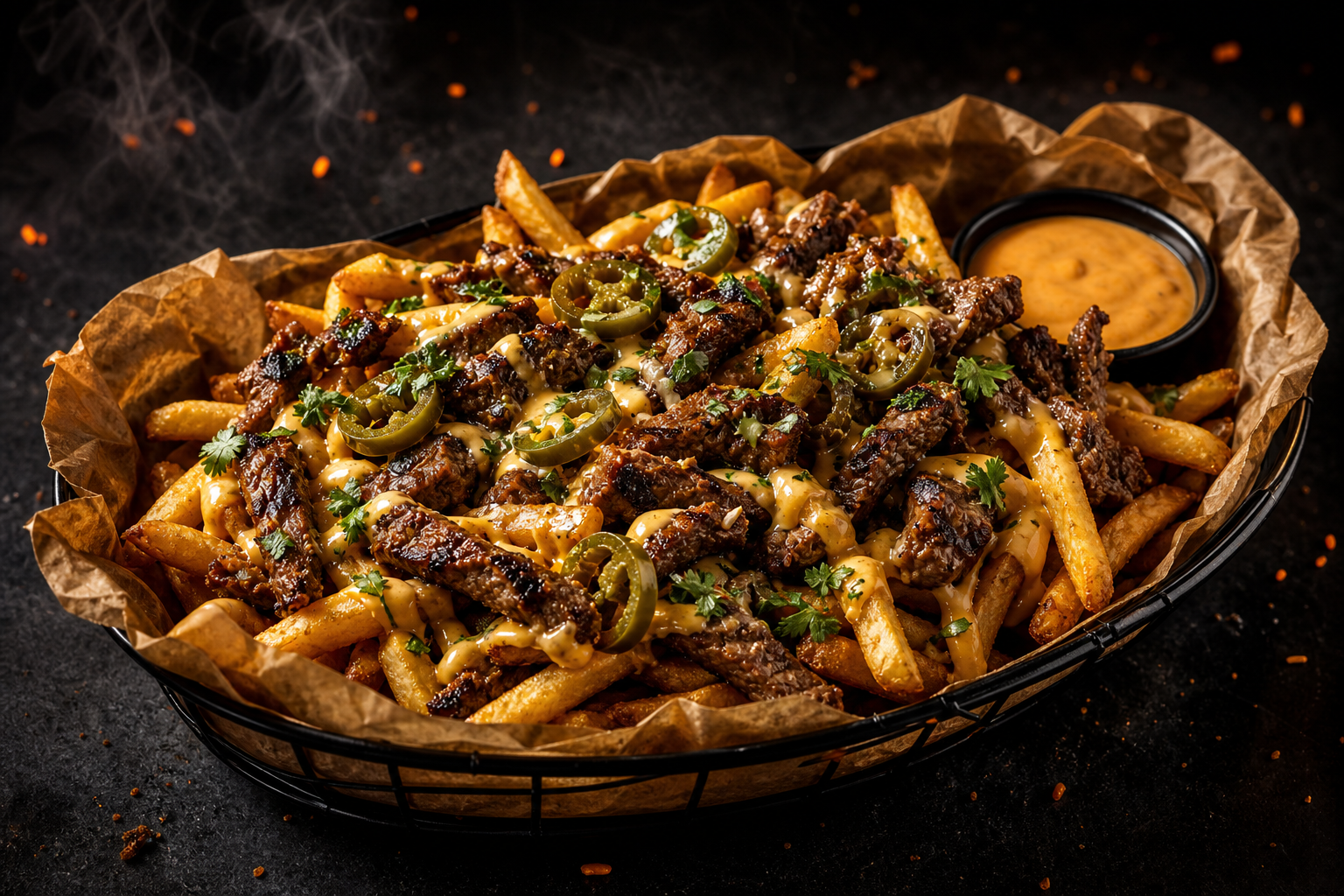 Pulled beef fries with cheddar, coleslaw, caramelized onions, and herbs