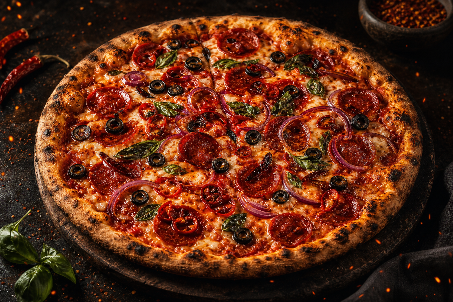 Pizza diavolo with pepperoni, olives, chili, and basil