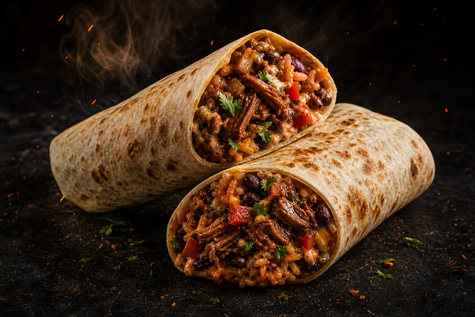Pulled beef burrito halves with rice, beans, peppers, and herbs
