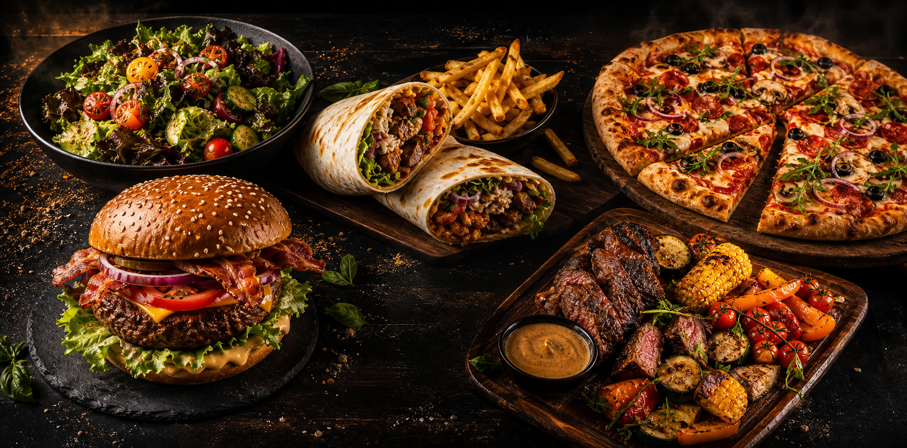 Mix Burger food spread with burger, pizza, burritos, fries, salad, and grilled platter